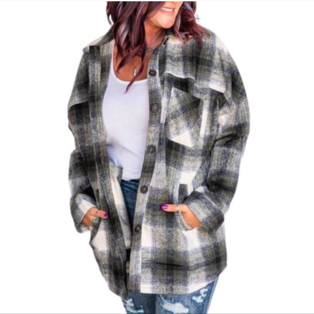 Zenana Plaid Flannel Shacket Oversized Shirt Jacket Navy Black Cream XL